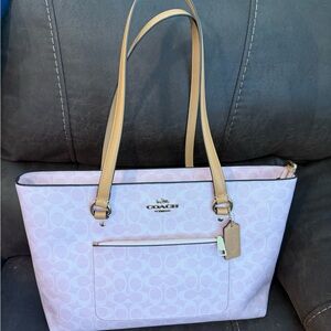 Coach Powder Pink Signature Station Tote with Tan Leather Straps